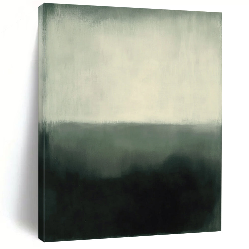 Abstract expressionism in muted gray and white tones featuring heavy brush strokes and a hazy atmosphere against a dark green background. DLZ1033