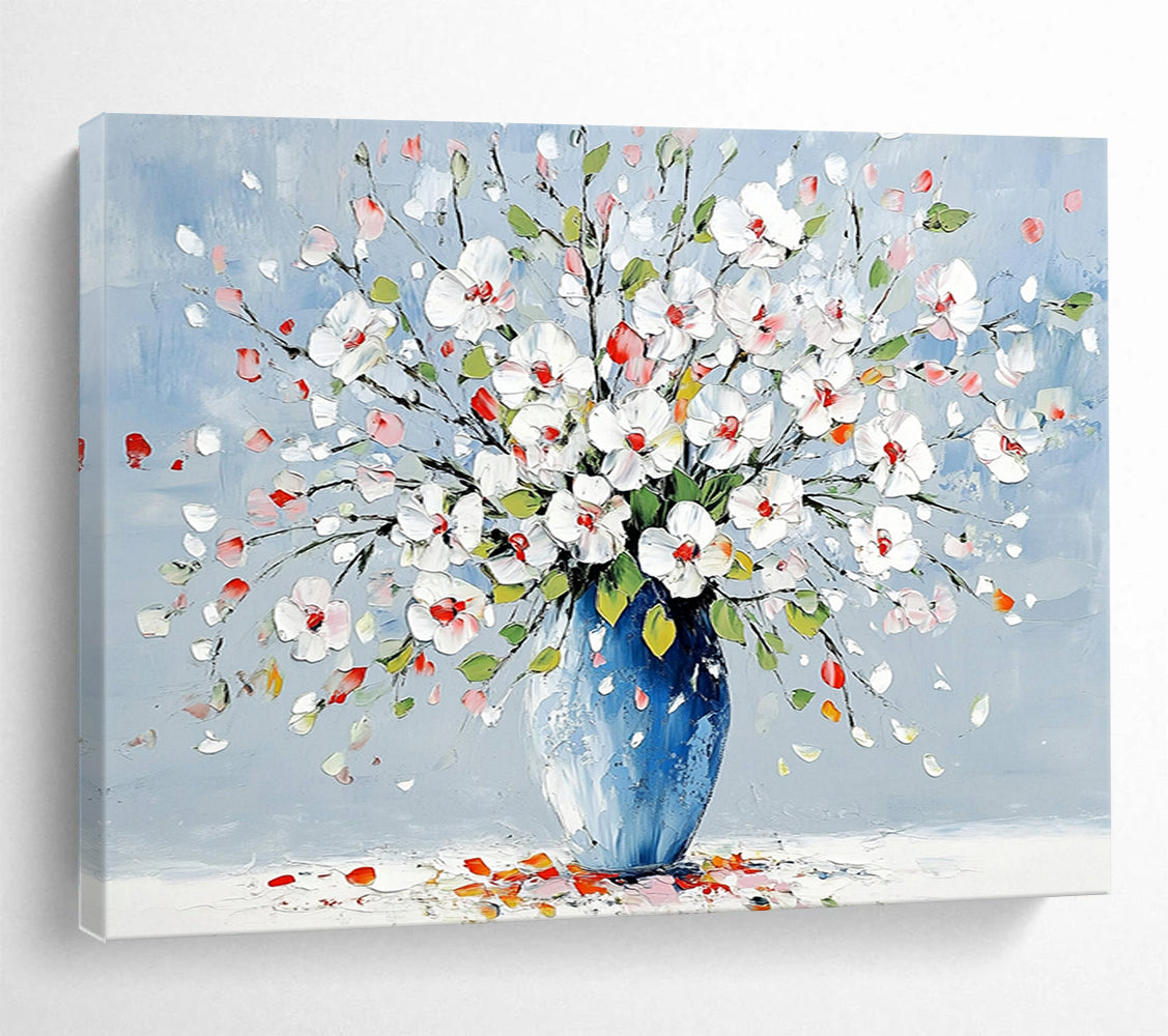 “Colorful Floral Vase” - White, Pink, Red, Green, Blue, Floral Bouquet in a Vase - Impasto Oil Painting HB1782