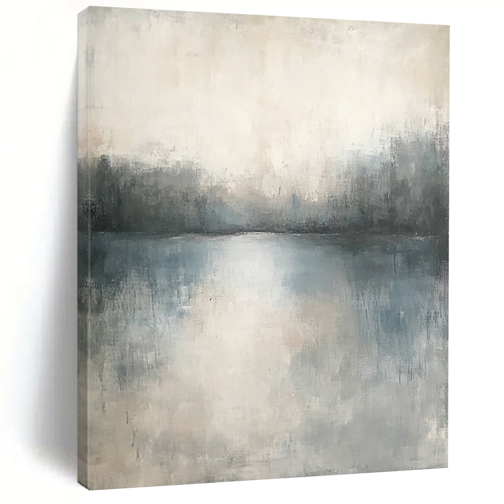 Contemporary abstract painting featuring muted tones and soft textures creating a serene, dreamlike landscape with subtle gradients and blurred edges. DLZ0443