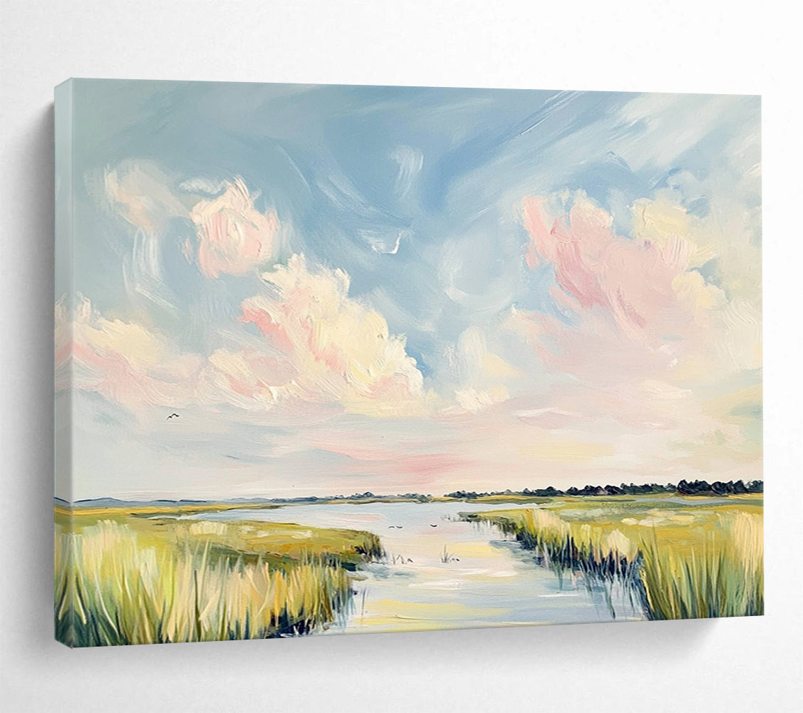Pastel Sky Over Marshland - Soft Impressionistic Landscape Painting On Canvas HB0440