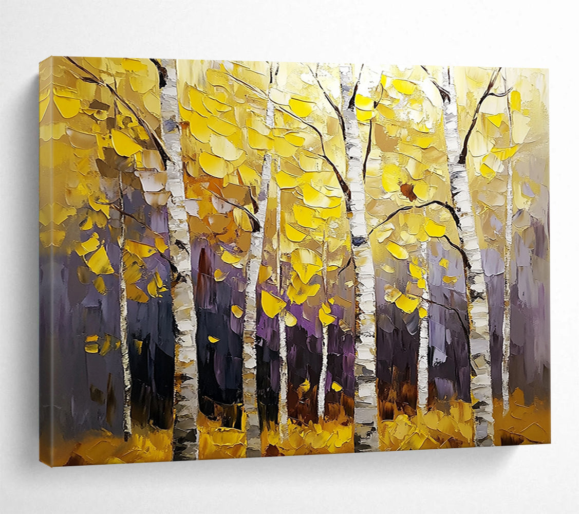 “Colorful Autumn Birch Forest” - Yellows, Purples, Browns, White, Birch Forest - Textured Oil Painting HB1583