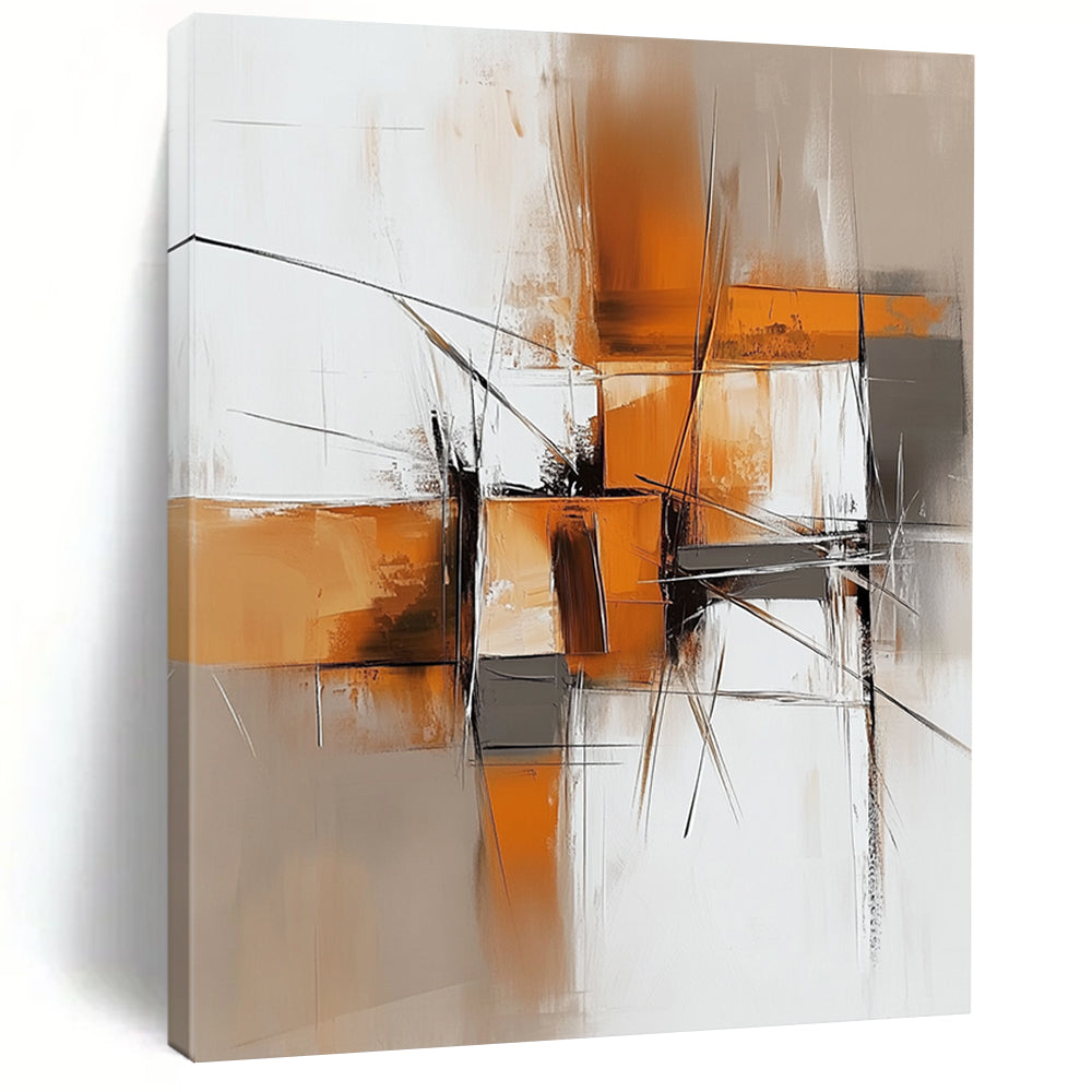 Contemporary hand-painted abstract artwork features light orange and dark gray tones with brush strokes and shapes on a textured white background. DLZ0680