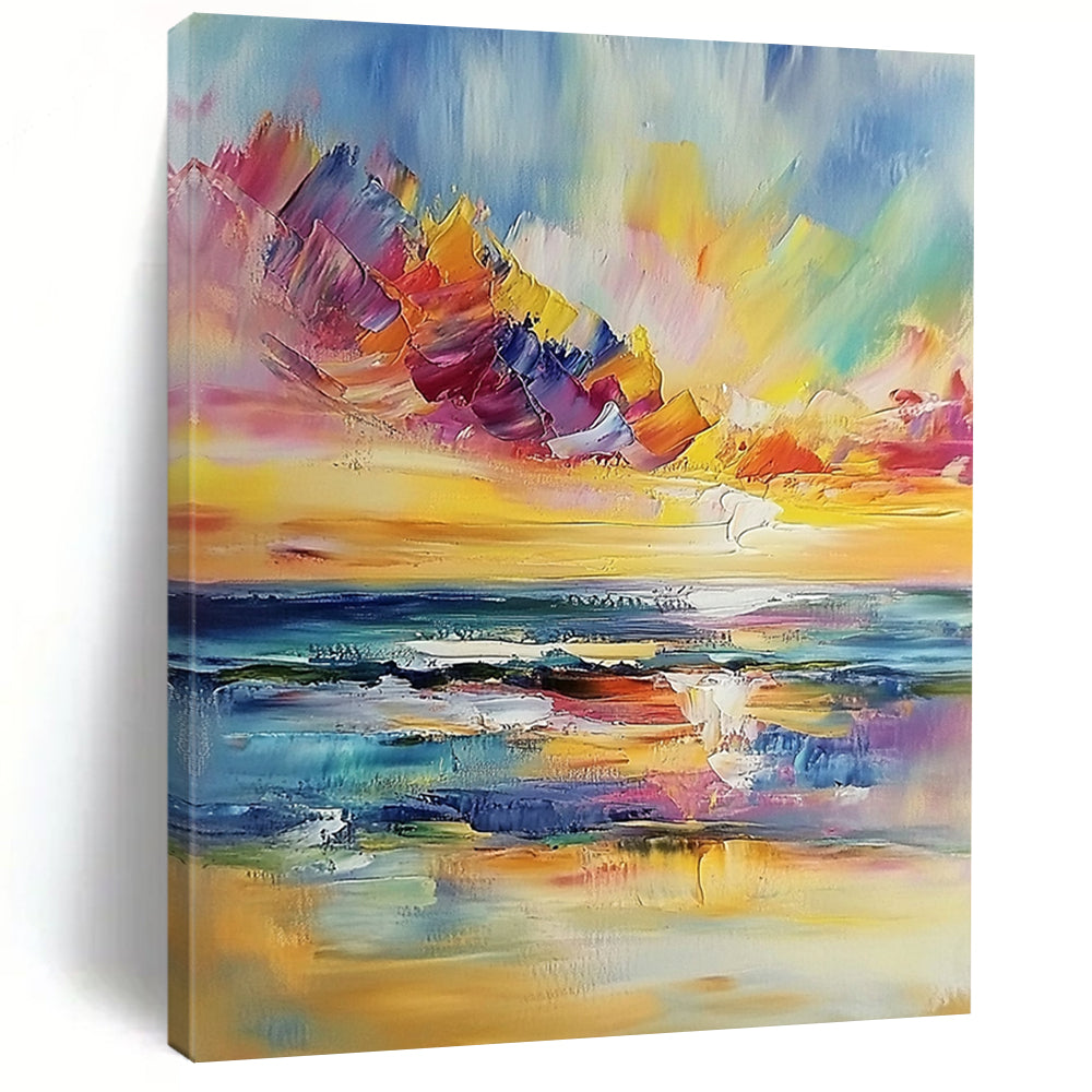 Stunning hand-painted abstract featuring vibrant clouds and a serene seascape with warm sunset reflections in a contemporary palette knife style. DLZ1119