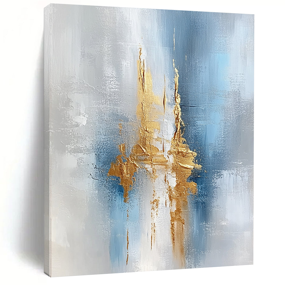 Large contemporary hand-painted abstract artwork featuring a textured light gray and white background with intricate blue and gold accents. DLZ0328