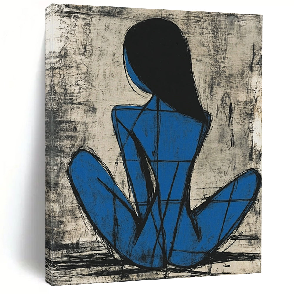 Contemporary abstract painting featuring a blue female figure in Picasso style sitting gracefully with thick lines and simple shapes on a grayish-blue background. DLZ1156