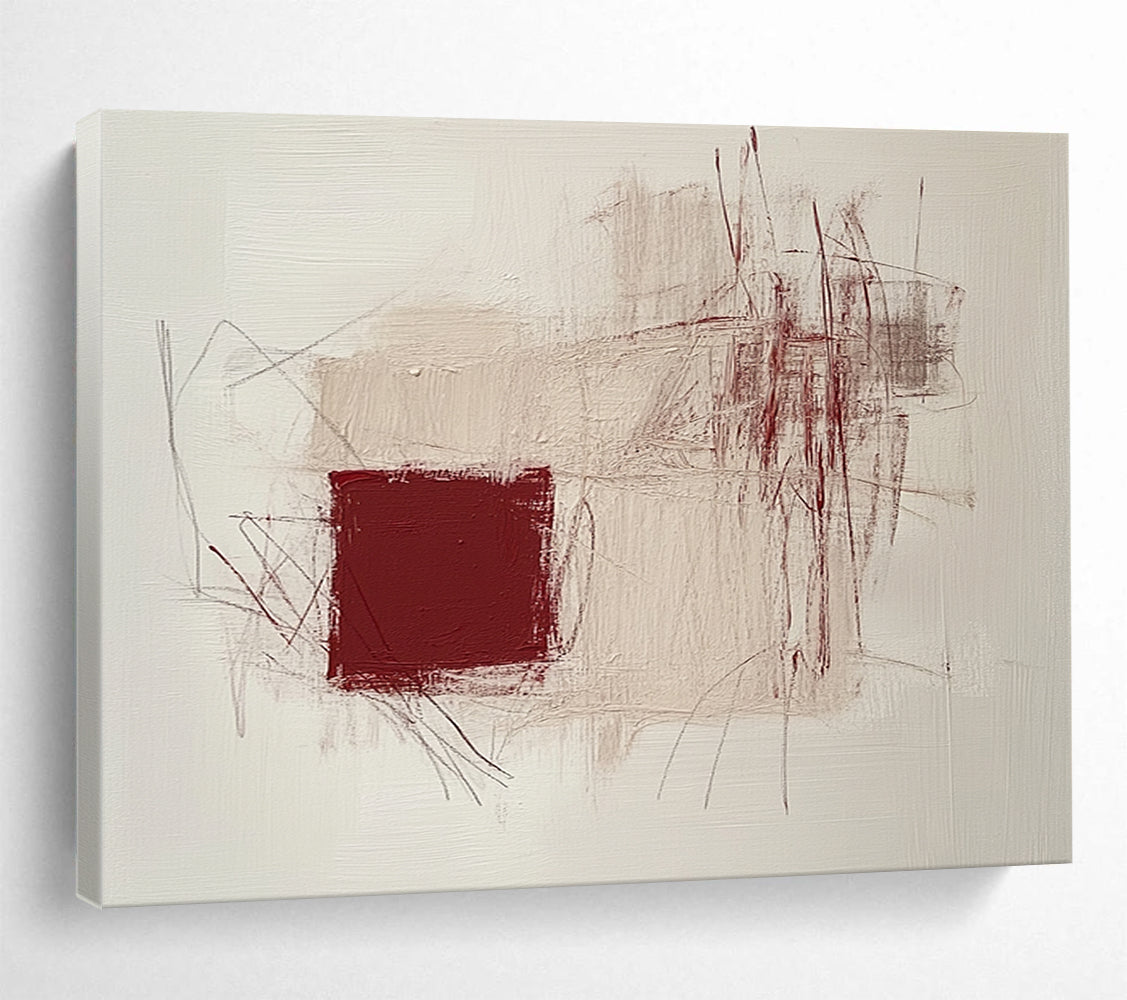 “Minimalist Maroon & Beige Abstraction” - Maroon, Beige, Abstract Shapes Painting On Canvas HB0767