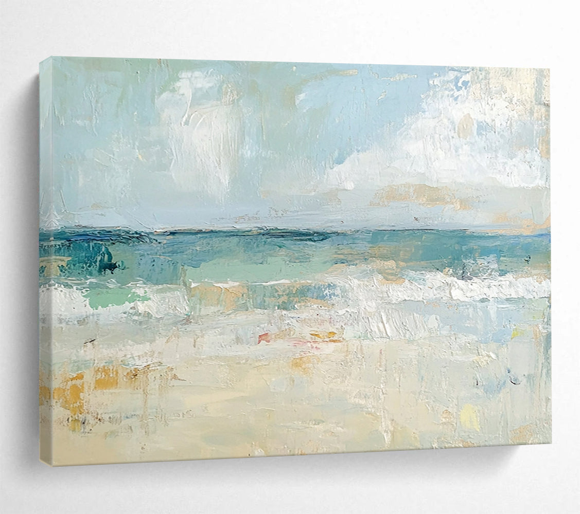 “Pastel Beach Serenity” - Light Blues, Creams, Soft Golds, Calm Beach - Impressionist Oil Painting HB1565