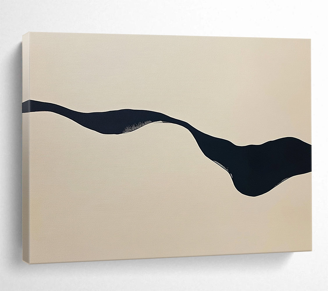“Irregular Black Stream on Beige” - Black, Beige, Wavy Irregular Form - Abstract Acrylic Painting HB1667