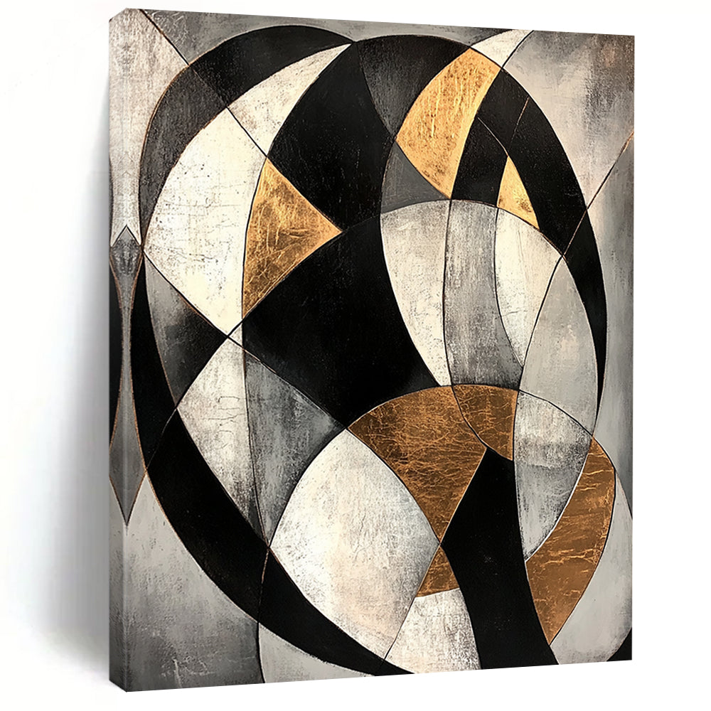 Gray, Black, White, Gold, Curved Geometry "Celestial Arc" Abstract Cosmic - Inspired Painting On Canvas HB079