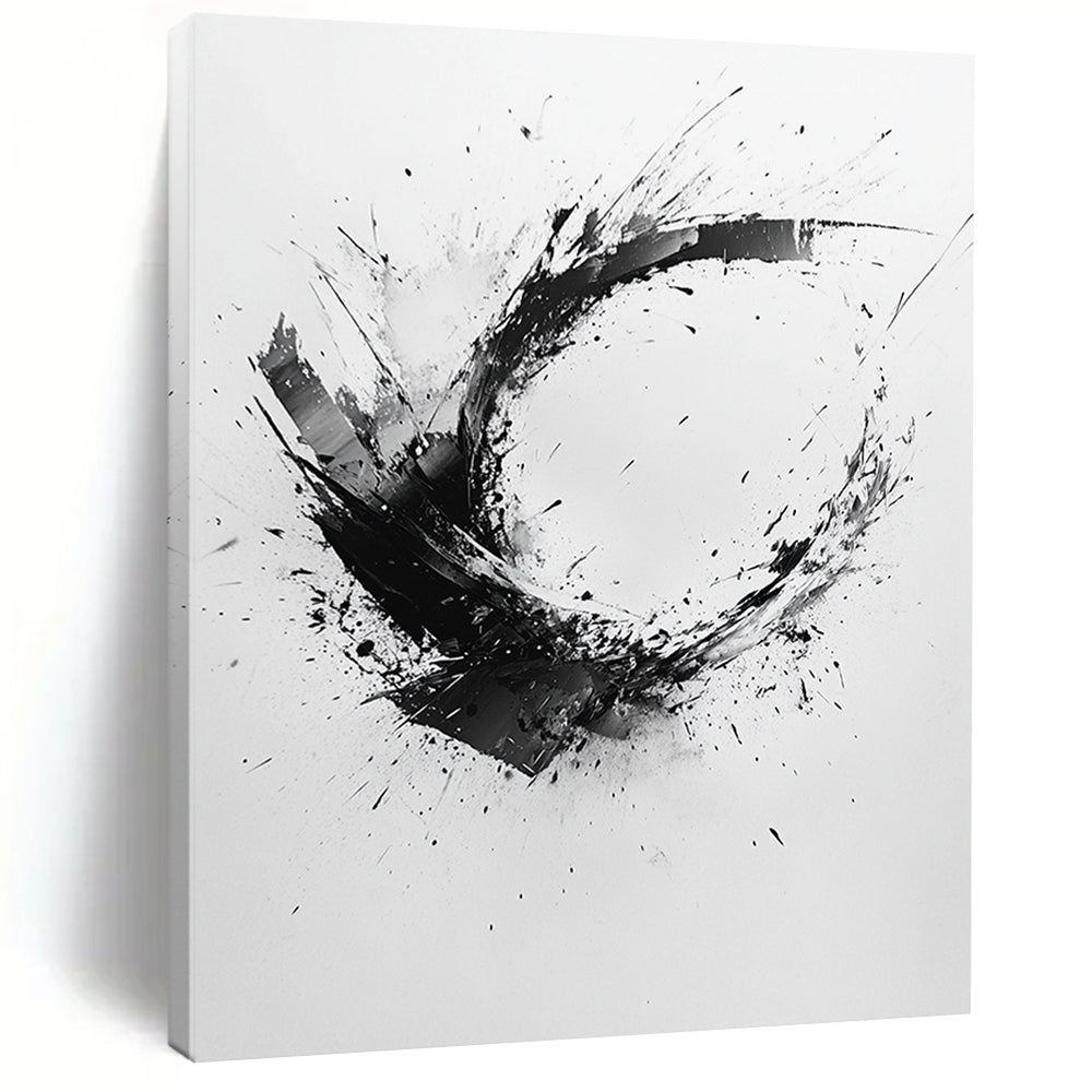 Black and White Splattered Crescent "Energetic Fragment" Painting On Canvas HB267