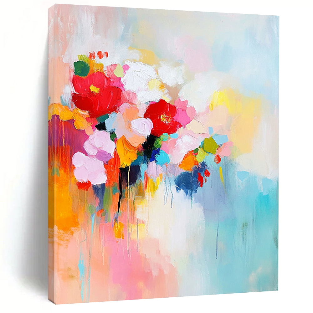 Contemporary abstract painting featuring vibrant colors large brush strokes and serene elements conveying a sense of harmony and joy with a central space for text. DLZ0733