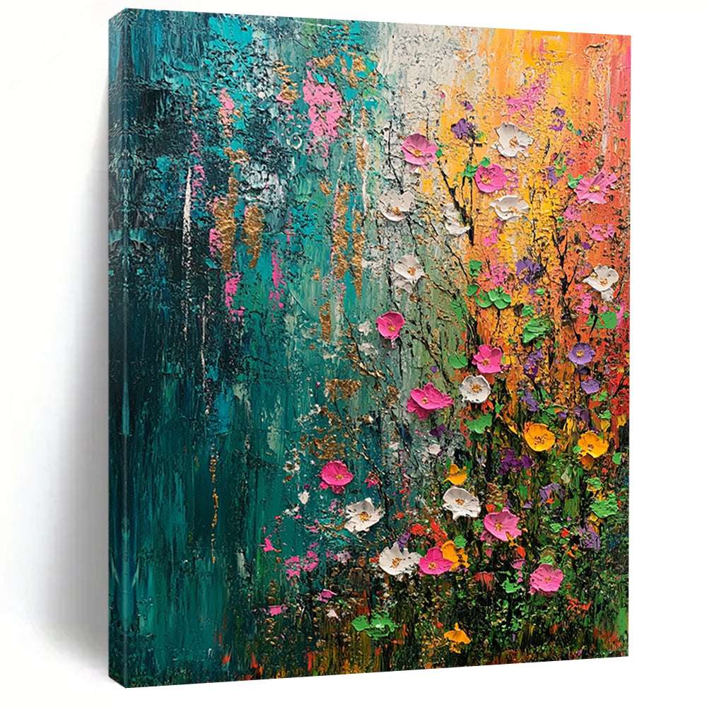 Contemporary abstract painting capturing spring's essence with vibrant flowers and trees in green blue pink and yellow accented by gold and silver textures. DLZ0644