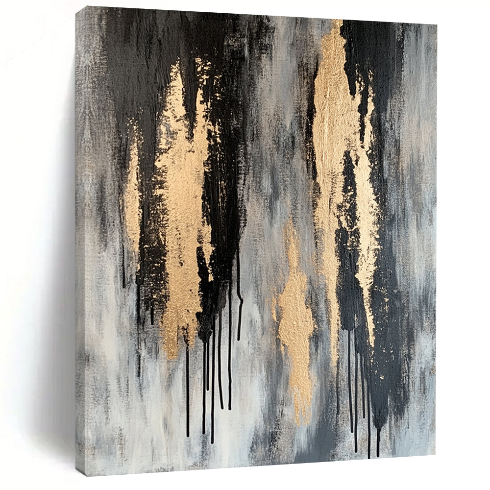 Gray, Black & Gold Dripping Textures - “Urban Gilded Streams” Painting On Canvas HB198