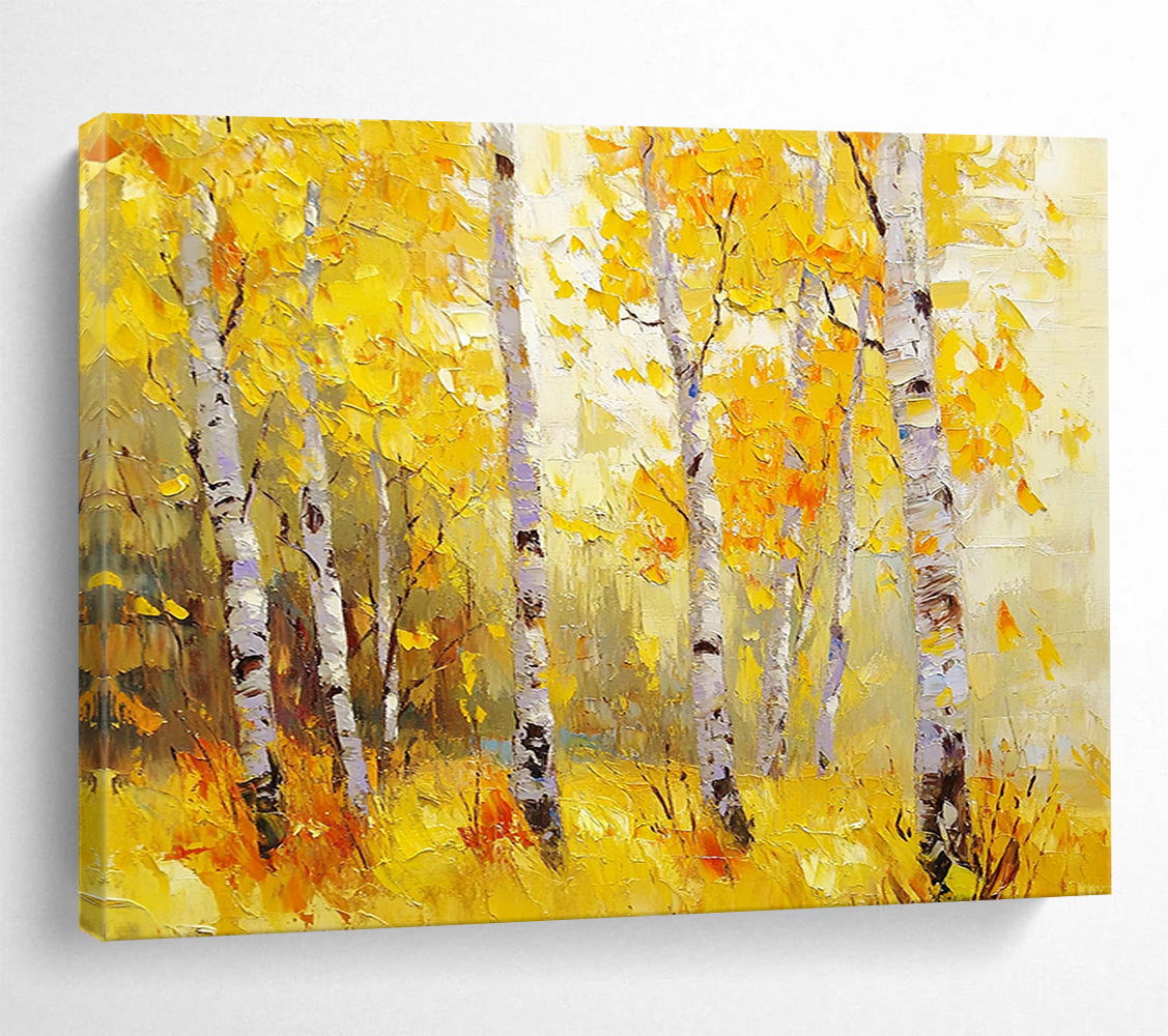 “Golden Autumn Birches” - Yellows, Oranges, Browns, White, Birch Trees - Impressionist Oil Painting HB1582