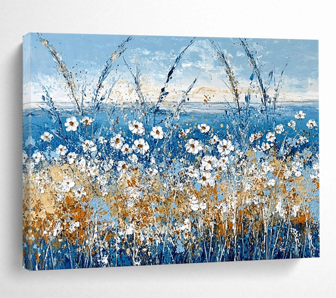 “Blue Wildflower Field with White Daisies” - Blue, White, Yellow, Orange, Floral Landscape Painting On Canvas HB0828