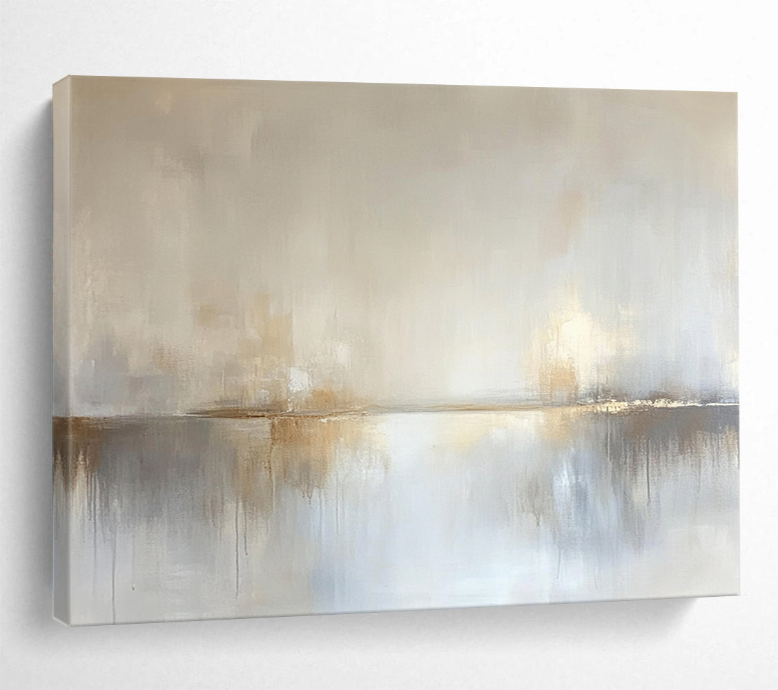 “Dreamy Horizon Reflection” - Pale beige, soft gray, white, Abstract Landscape Painting On Canvas HB0613
