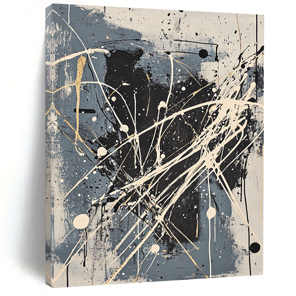 Gray, Black, White, Gold, Intricate Splatters "Gilded Galaxy" Abstract Pollock - Inspired Painting On Canvas HB053