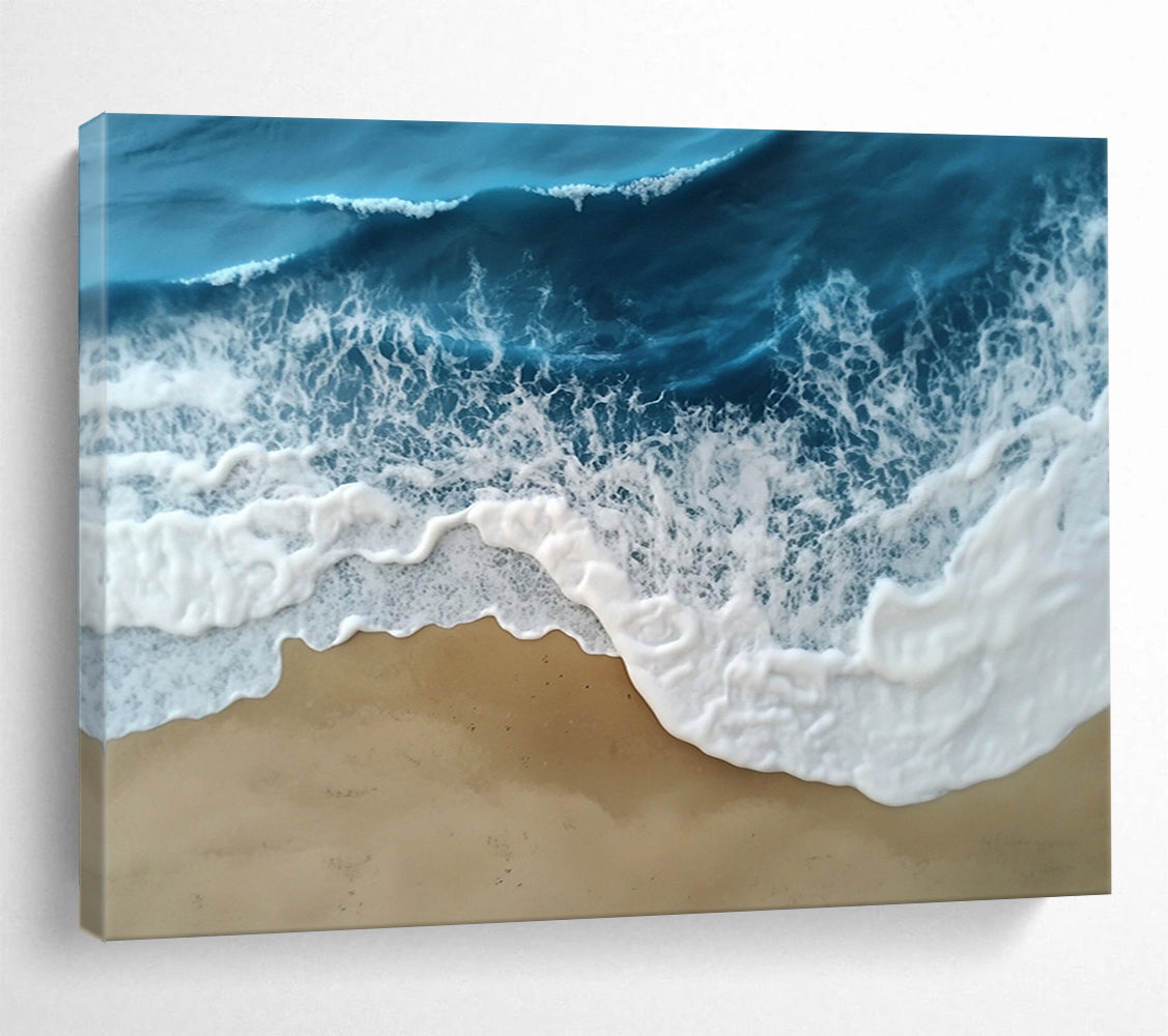“Textured Ocean Waves” - Blue, White, Beige, 3D - Like Seascape Painting On Canvas HB0688