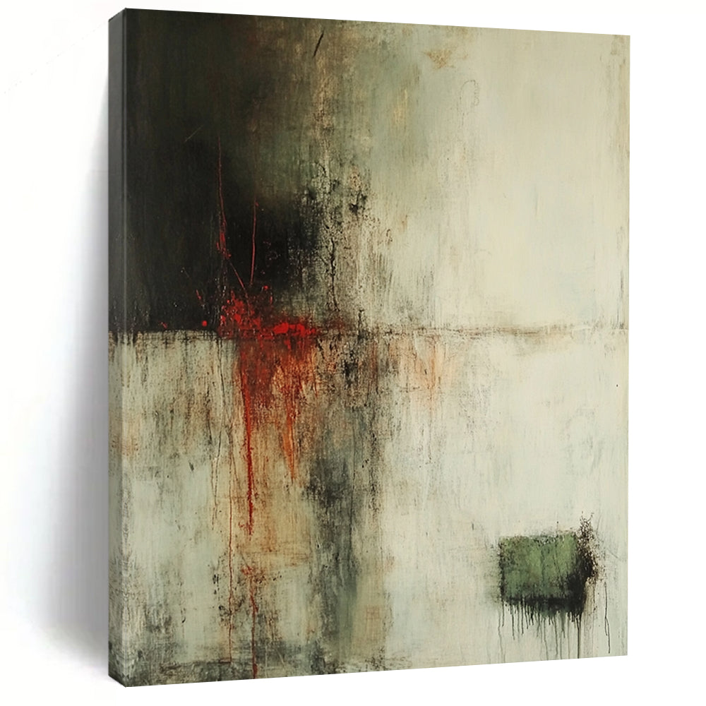 Contemporary hand-painted abstract art featuring faded whites dark browns and vibrant reds with atmospheric effects and soft edges. DLZ0902
