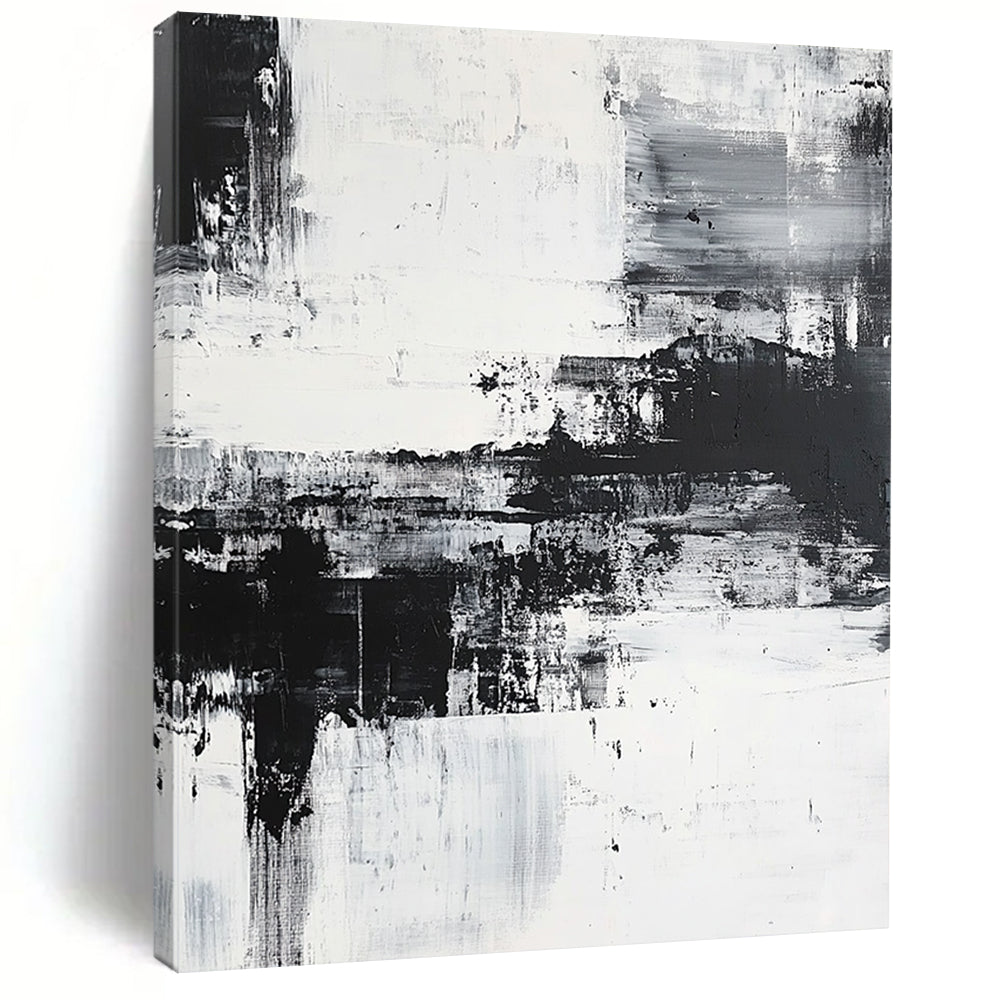 Large contemporary hand-painted abstract artwork featuring a coastal landscape with brush strokes and layers, emphasizing emotional depth in a serene monochromatic palette. DLZ0302