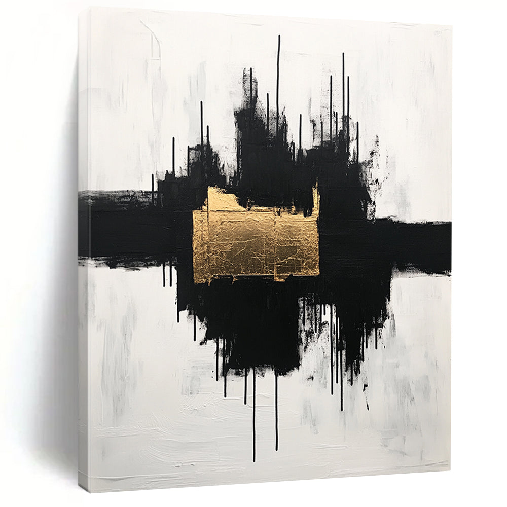 Black, White and Gold Abstract "Gilded Center" Painting On Canvas HB404