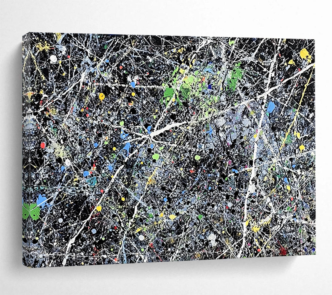 “Colorful Splatter Abstract” - Black, Colorful Splatters, White Lines - Painting On Canvas HB1433