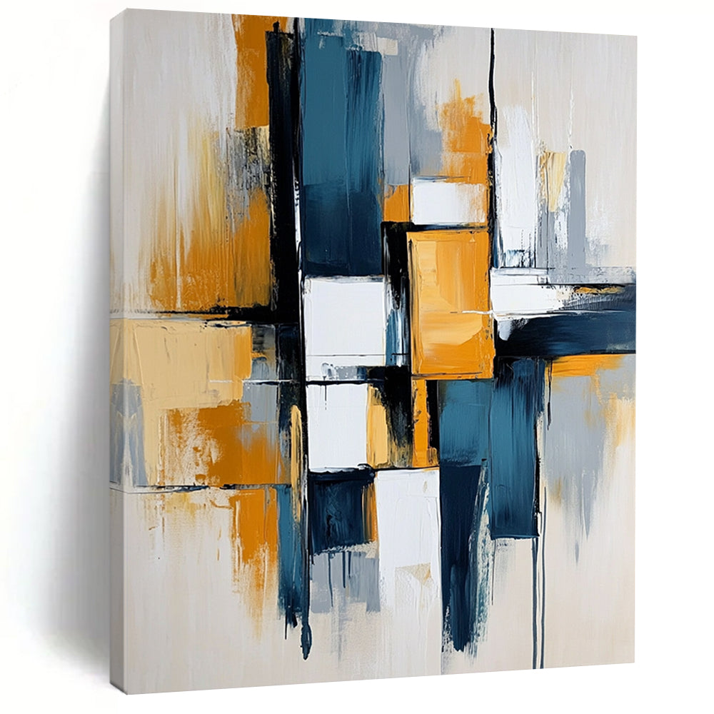 Contemporary hand-painted abstract art featuring dynamic lines and bold blocks in blue, white, gray, and mustard yellow colors for a striking visual impact. DLZ0496