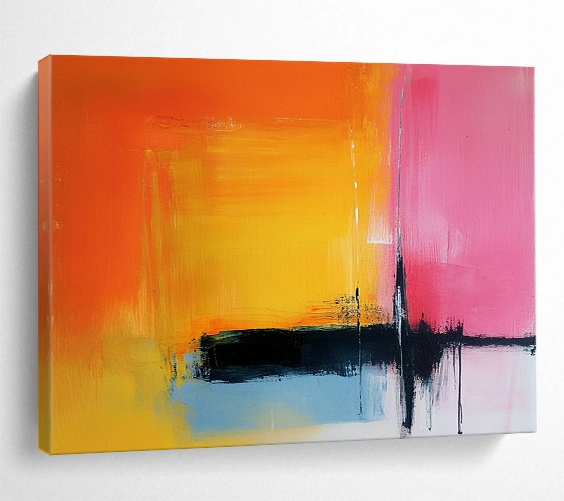 “Orange, Pink, and Blue Abstract Color Blocks” - Orange, pink, blue, yellow, black; Abstract color blocks with drips; Acrylic Painting On Canvas HB1225