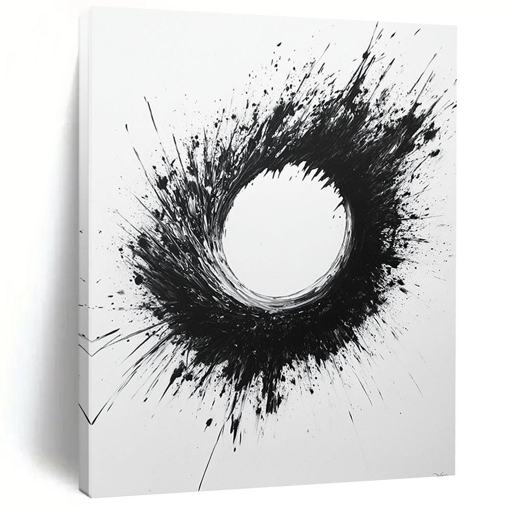 Black and White Splattered Circle "Chaotic Zen" Painting On Canvas HB287