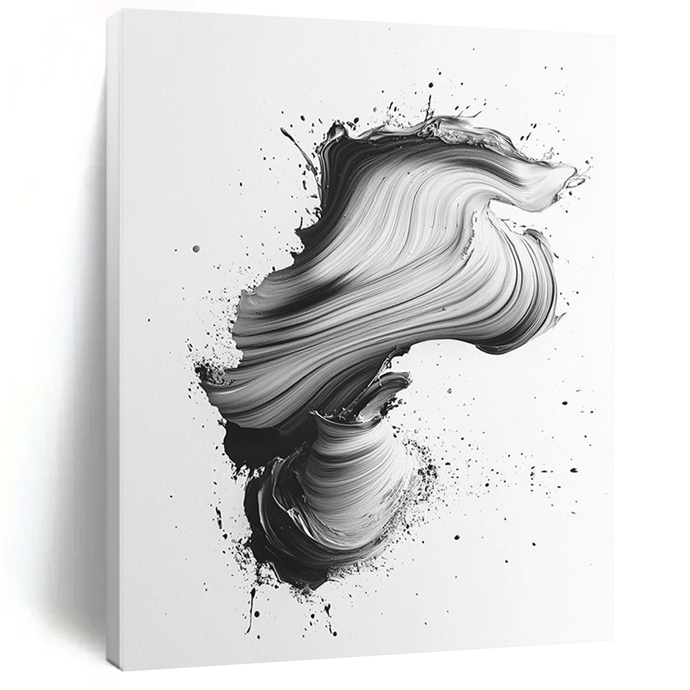 Black & Gray Swirled Brushstrokes on White - “Textured Ink Flow” Painting On Canvas HB220