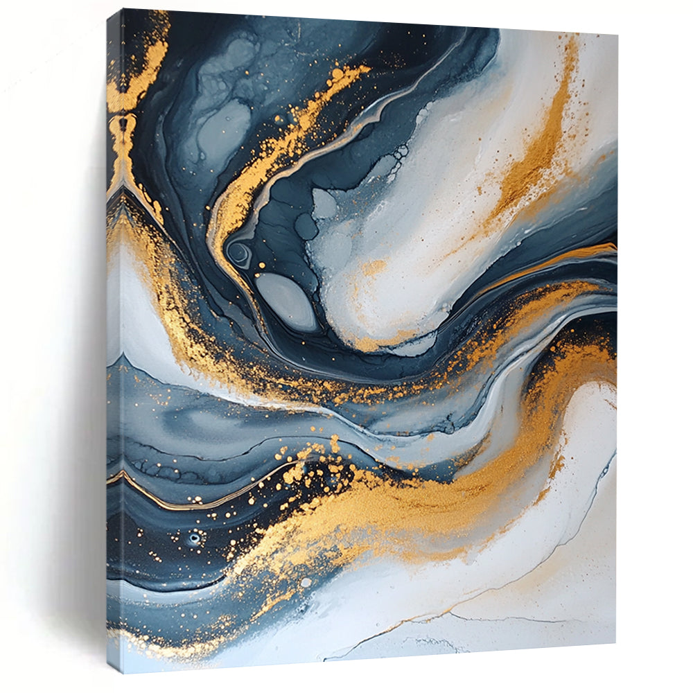 Contemporary hand-painted abstract artwork features dark blue and gold with a crackle effect elegant swirling patterns and glitter accents create depth and beauty. DLZ0329