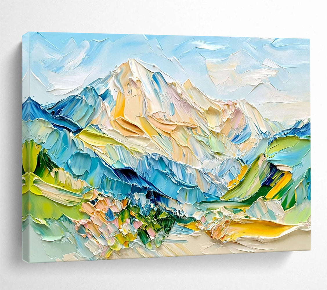“Color - Drenched Alpine Vistas” - Blue, Green, Yellow, Pink, Lively Mountainscape Painting On Canvas HB1021
