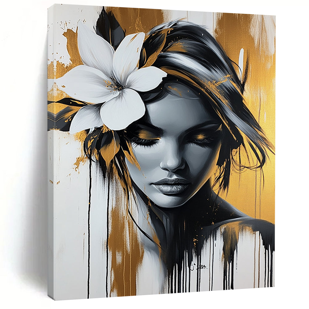 Contemporary abstract artwork featuring an elegant woman with a white flower, gold and black palette, dripping paint effect against a white background. DLZ1404