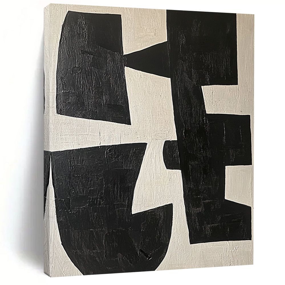Large contemporary abstract painting featuring black and white shapes on a light beige background highlighting geometric forms and elegant movement. DLZ0509