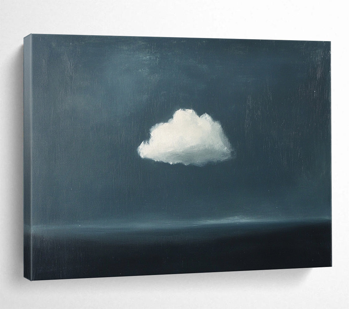 “Lone Cloud Over Sea” - Dark Blue, White, Minimalist Landscape Painting On Canvas HB0710