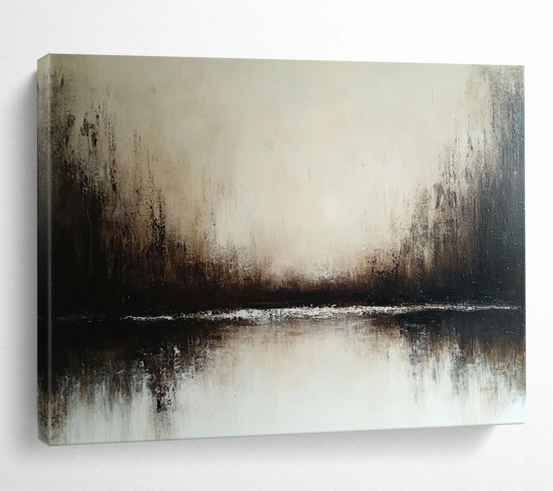 “Misty Landscape in Neutral Tones” - Beige, brown, white; Abstract misty landscape with a reflective body of water; Soft Oil Painting On Canvas HB1203