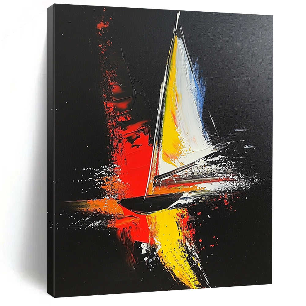 Contemporary hand-painted abstract artwork featuring a sailboat in bold red yellow and gray strokes against a striking black background with dynamic white highlights. DLZ1554