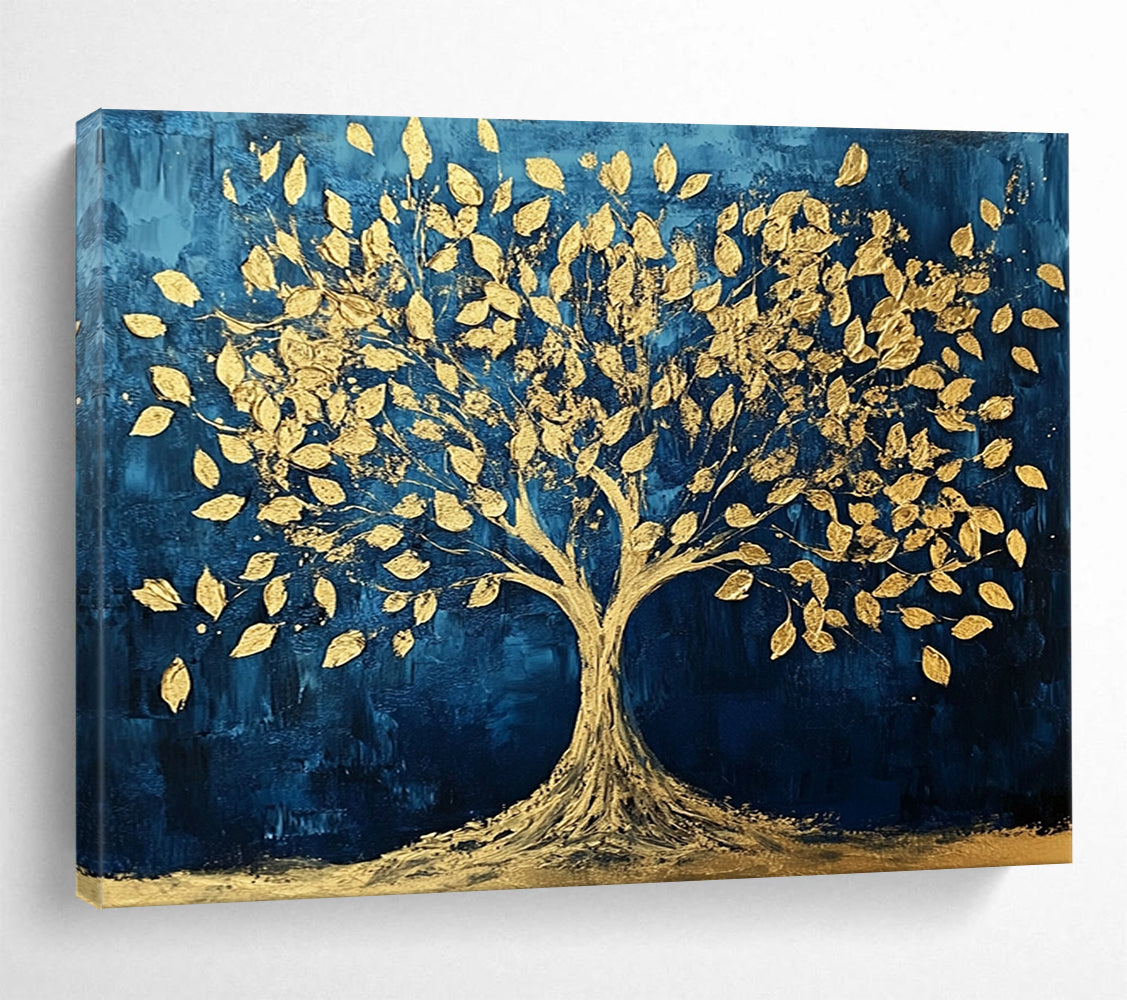 “Golden Tree of Life” - Blue, Gold, Tree Silhouette Painting On Canvas HB0734