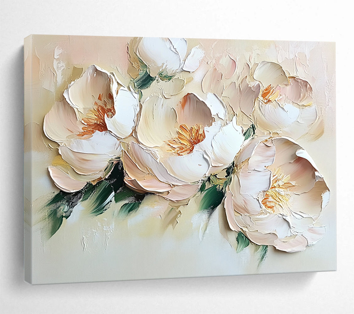 “Blush Peony Blooms” - Muted peaches, whites, greens; Thick - textured peony flowers; Impasto Floral Painting On Canvas HB1157