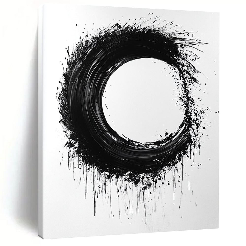 Black and White Splattered Circle "Energetic Enso" Painting On Canvas HB259