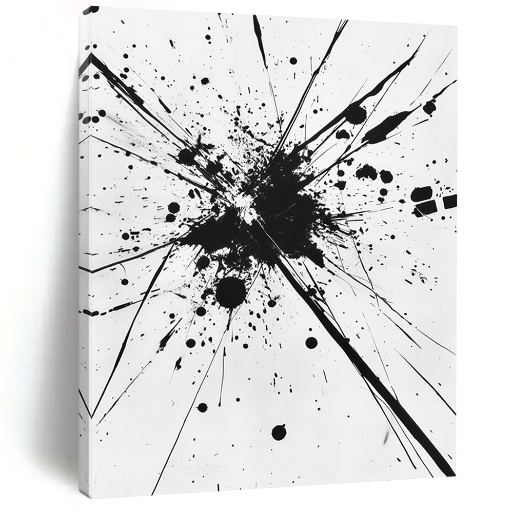 Black Splattered Explosion on White - “Energetic Ink Burst” Painting On Canvas HB218