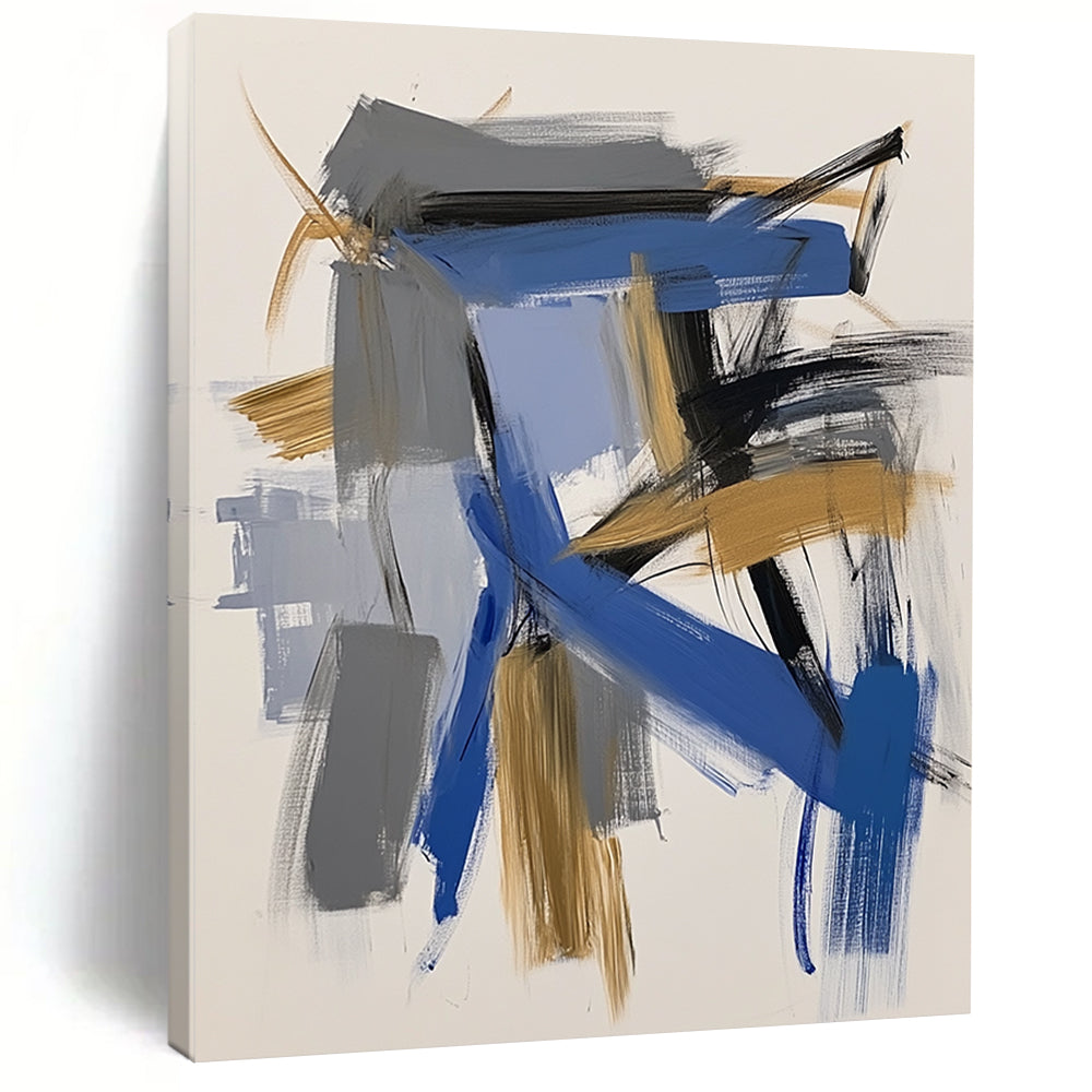 Contemporary abstract painting featuring bold blue and gold brushstrokes on white paper capturing dynamic architectural forms with expressive simplicity. DLZ0869