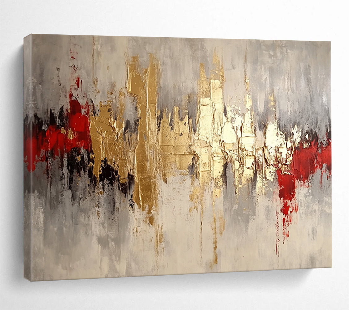 “Gilded Cityscape” - Gold, Gray, Red, Textured Abstract Skyline Painting On Canvas HB1042
