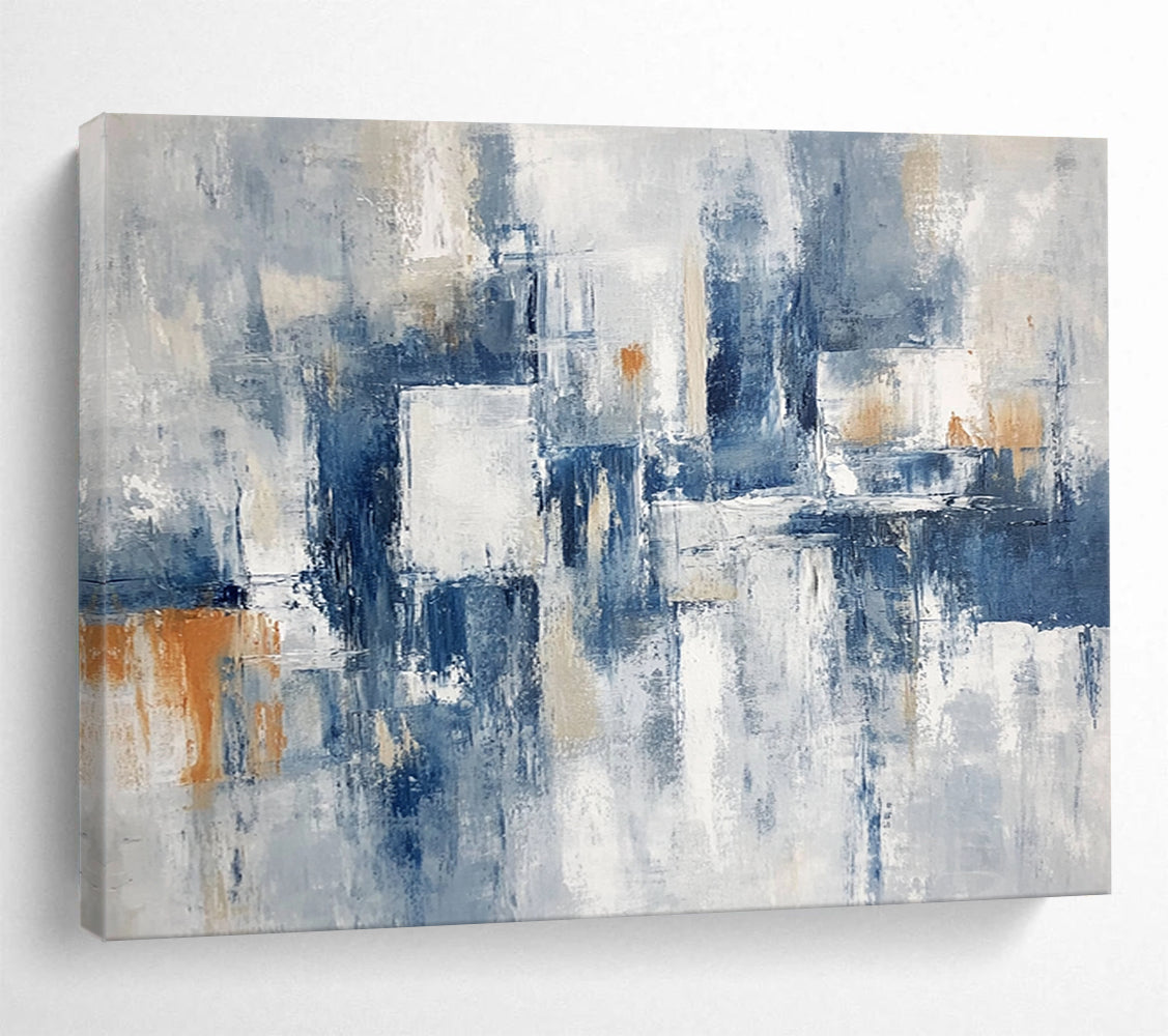 “Gray - Blue Abstract with Orange Accents” - Gray, Blue, White, Orange, Abstract Shapes Painting On Canvas HB0834