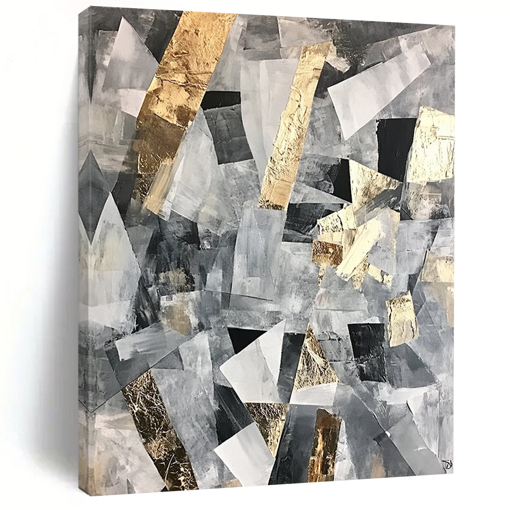 Gray, Black, White and Gold Abstract Collage "Urban Mosaic" Painting On Canvas HB369