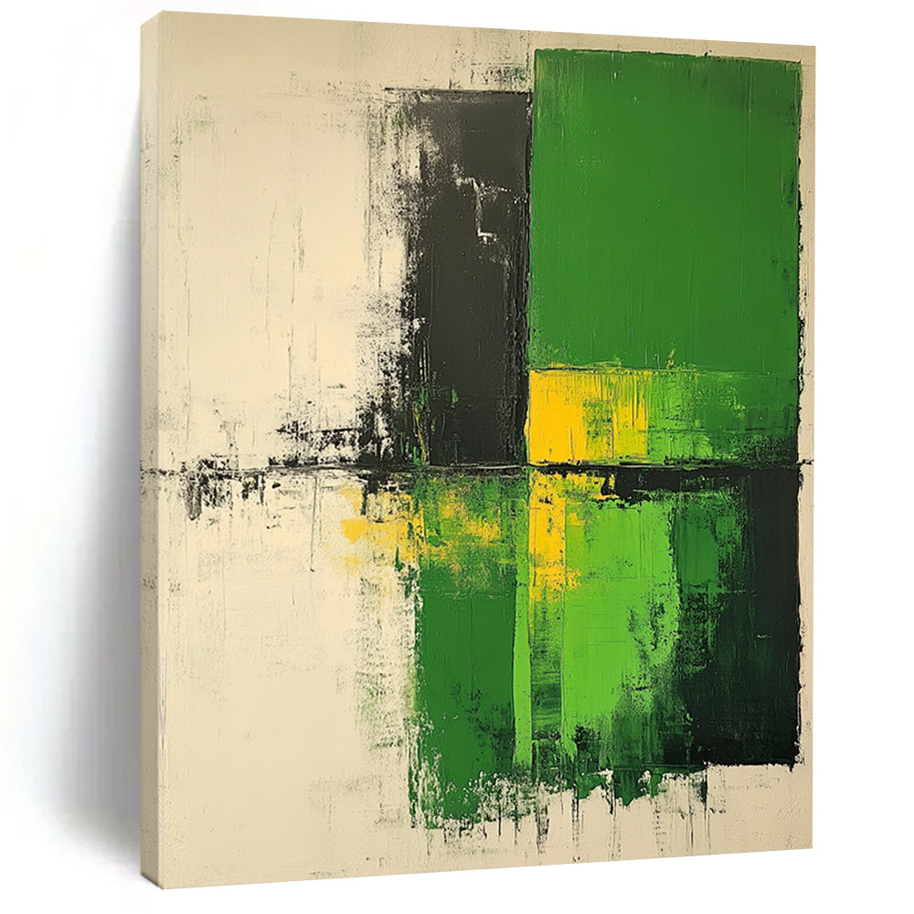 Contemporary large hand-painted abstract artwork in shades of green and white with neutral tones on textured canvas. DLZ0553