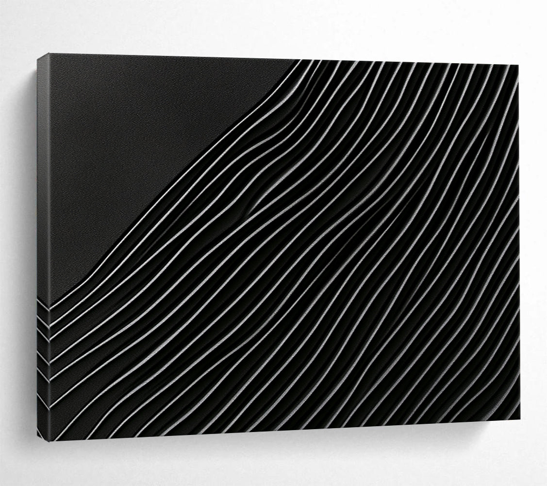 “Curved Black & Silver Lines” - Blacks, Silvers, Abstract Wave Lines - Mixed Media Art HB1623