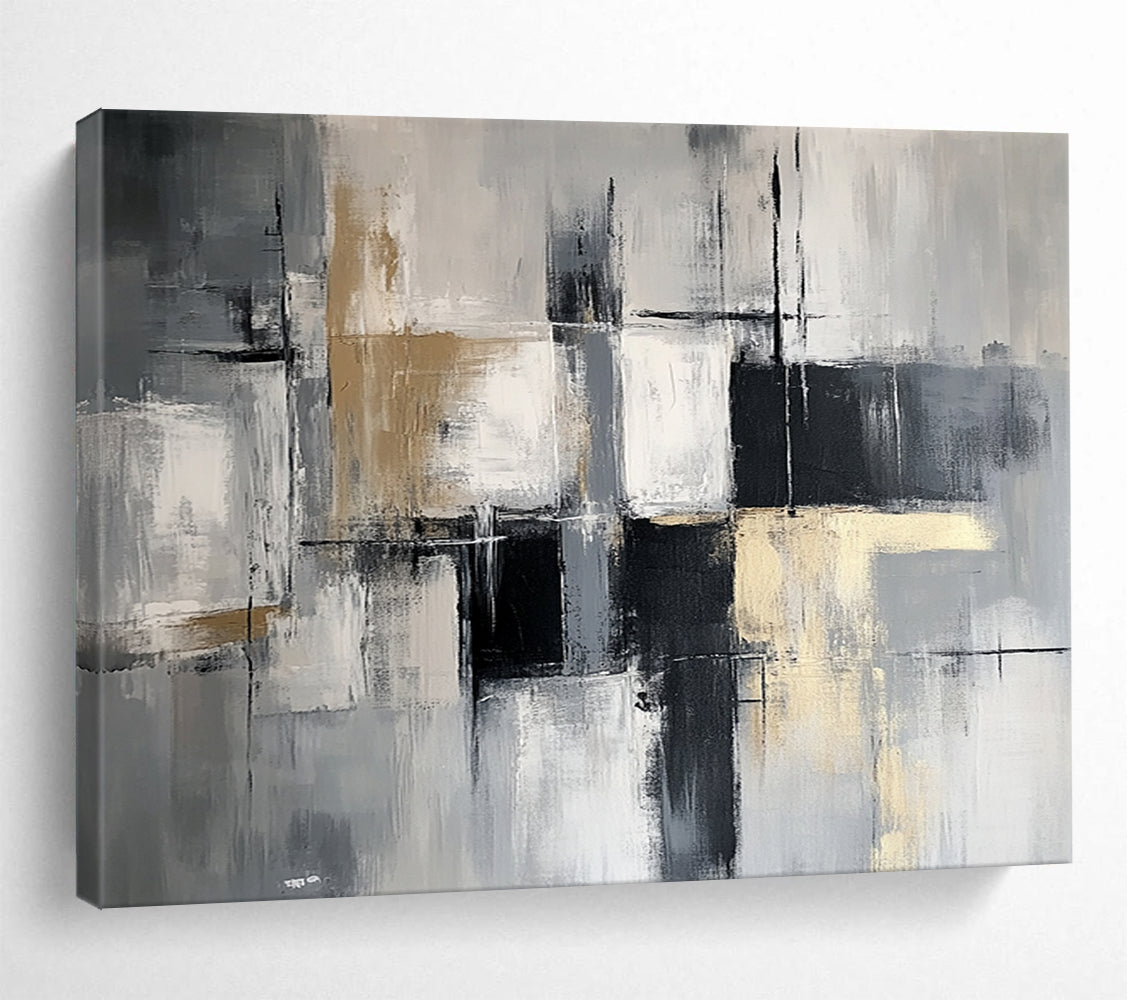 “Monochromatic Geometric Abstract” - Gray, white, beige, black; Geometric abstract in monochromatic tones; Acrylic Painting On Canvas HB1249