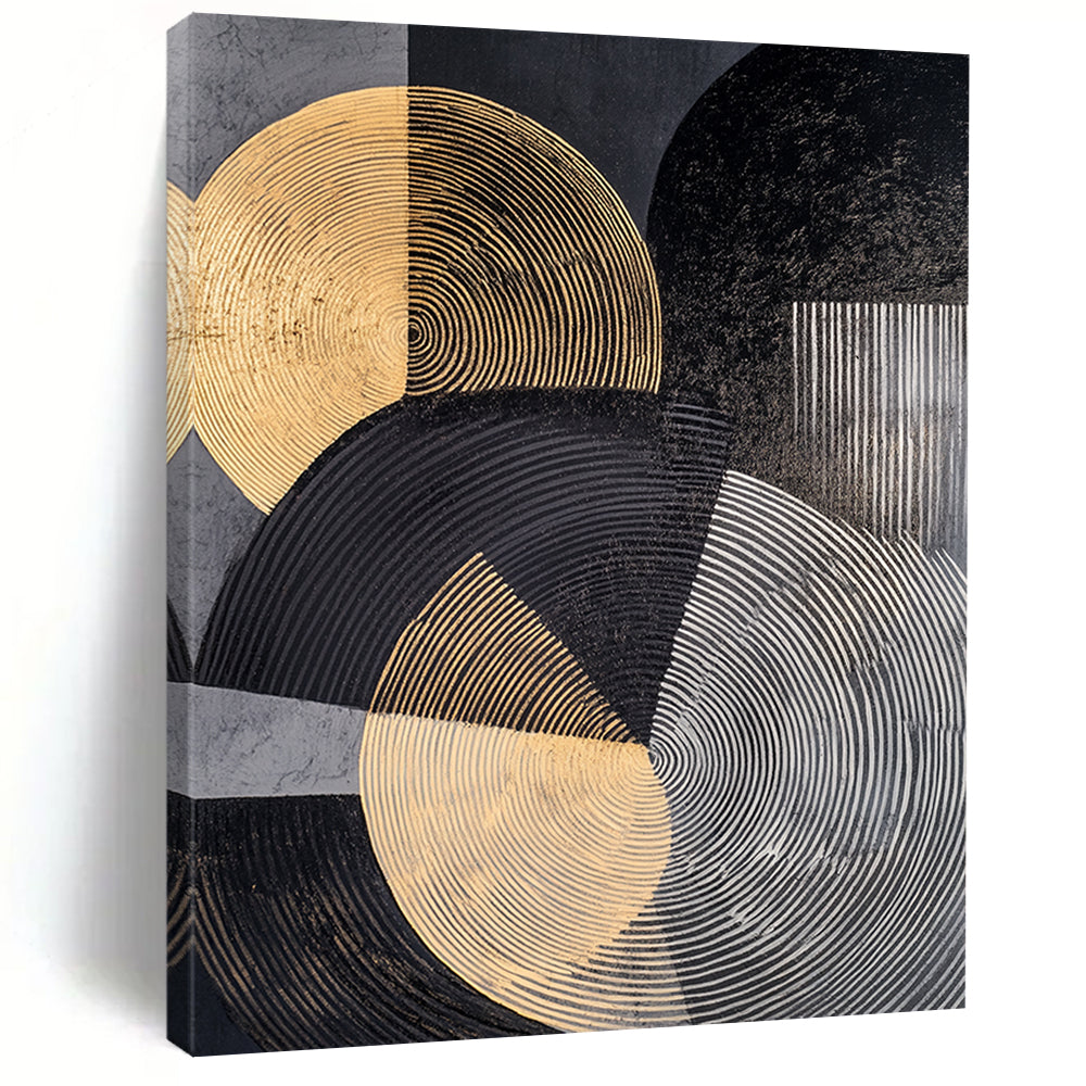 Gray, Black, Gold and Silver Geometric Abstraction "Elegant Geometry" Painting On Canvas HB385