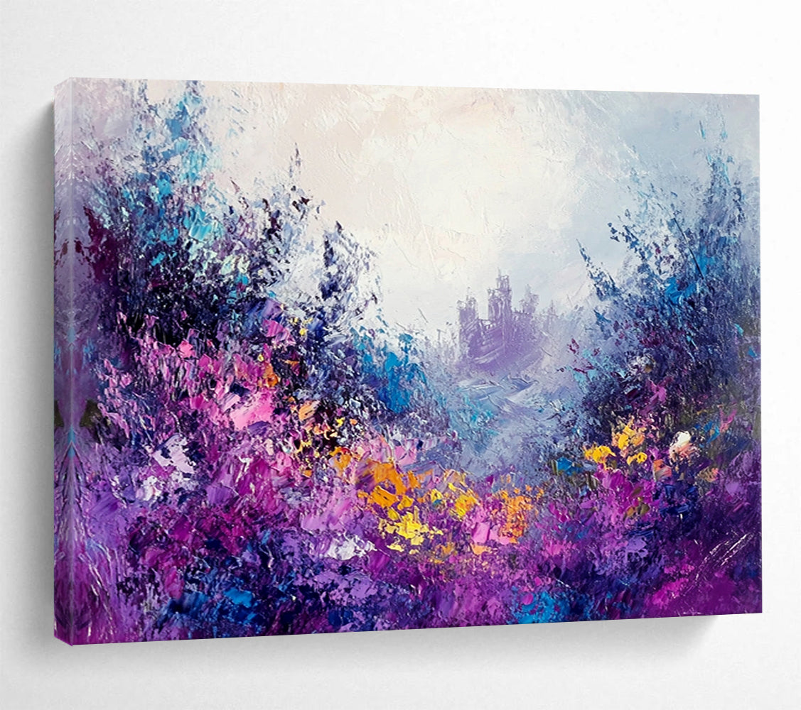 Purple - Hued Floral Fantasy with Castle - Dreamy Impasto Landscape Painting On Canvas HB0436